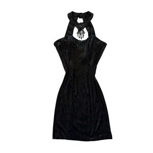 VTG Black velvet mini dress beaded appliqué sweatheart neckline Grunge goth‎ M